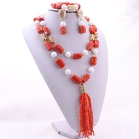 dudo nigerian bridal jewelries nature coral beads jewelry set 2021 tassel african necklace set orange and white