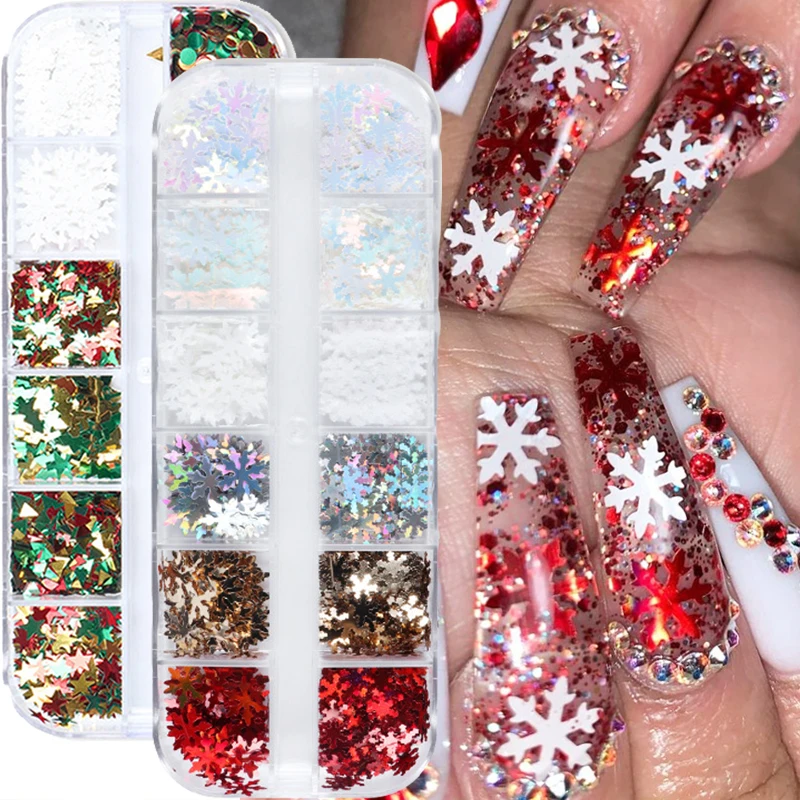 

12 Grids Snowflake Nail Glitter Sequins 3D Holographic Snow Star Flakes Slices Winter Christmas Manicure Nail Art Decorations