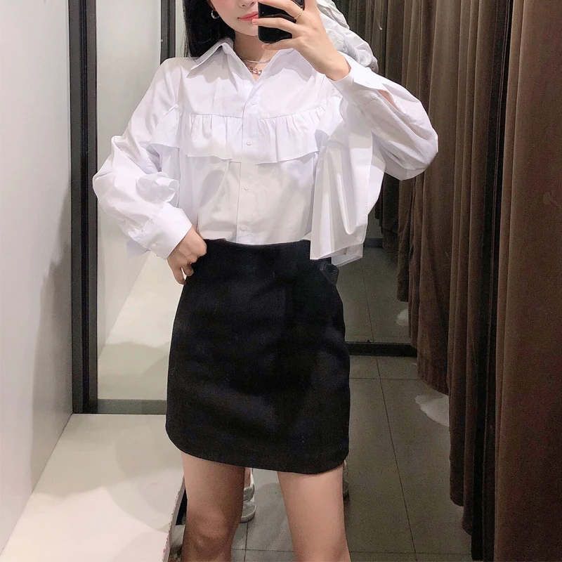 

Summer women's casual solid color lapel long-sleeved ruffled decorative shirt