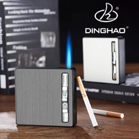 new metal 20pcs cigarettes holder case windproof straight jet blue flame gas lighter automatic cigarette case men gadgets