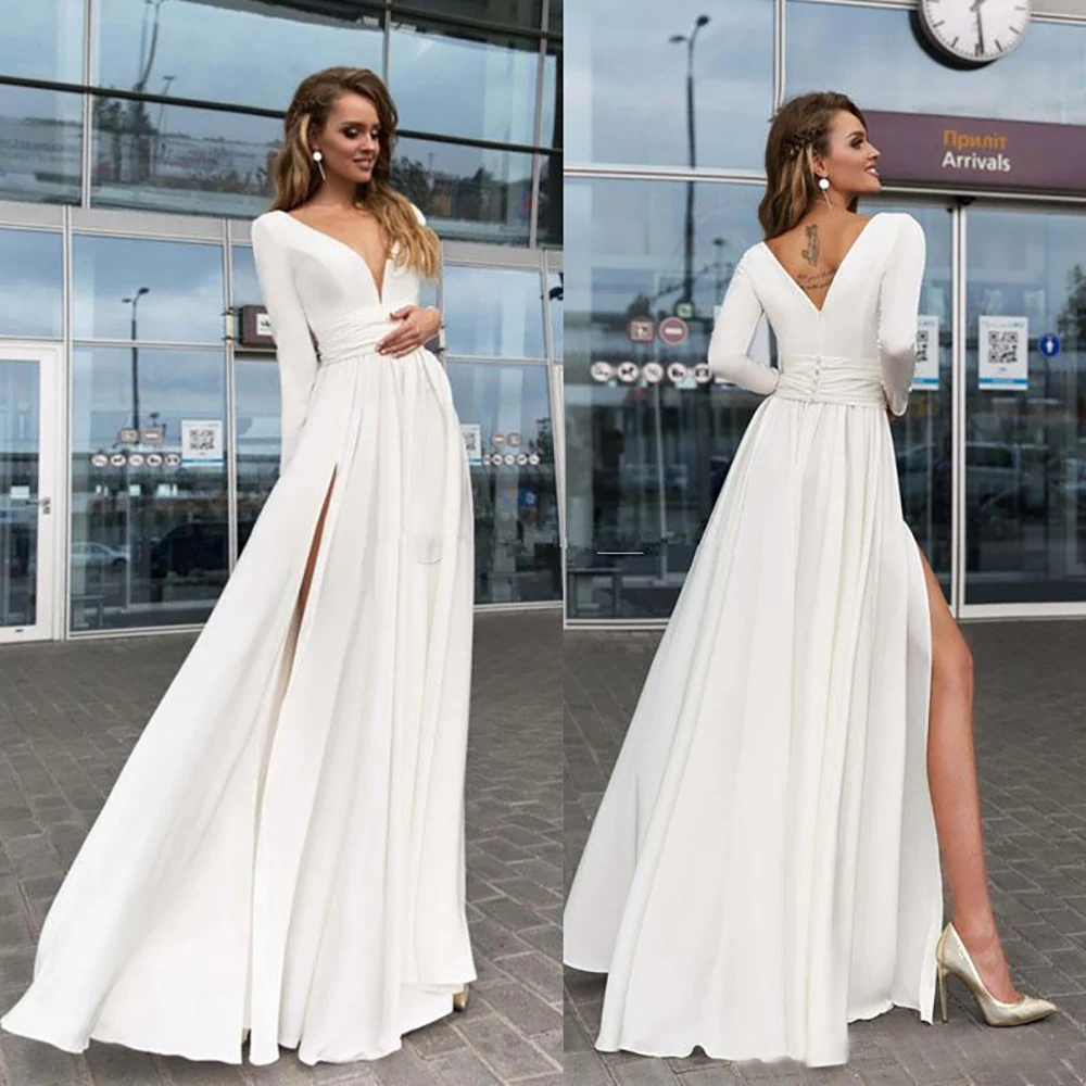 

Formal Girls Pageant Prom Party Gown Custom Long Sleeve A Line V-Neck Chiffon White Backless Thigh-High Slits Evening Dresses