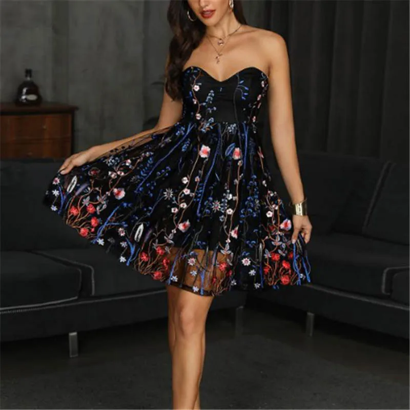 02 dark blue Fanbty, сексуальное женское платье с цветочной вышивкой, прозрачное Сетчатое летнее Мини платье в стиле бохо, ТРАПЕЦИЕВИДНОЕ ПЛАТЬЕ, женские прозрачные платья для вечеринок, Vestidos - Цвет: 02 dark blue