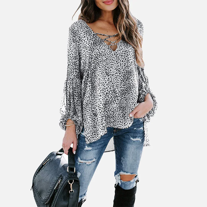 

Autumn Leopard Split Cross Women Blouses V-neck Long Lantern Sleeve Women's Blouse 2020 New Fashion Streetwear Ladies Tunic Tops