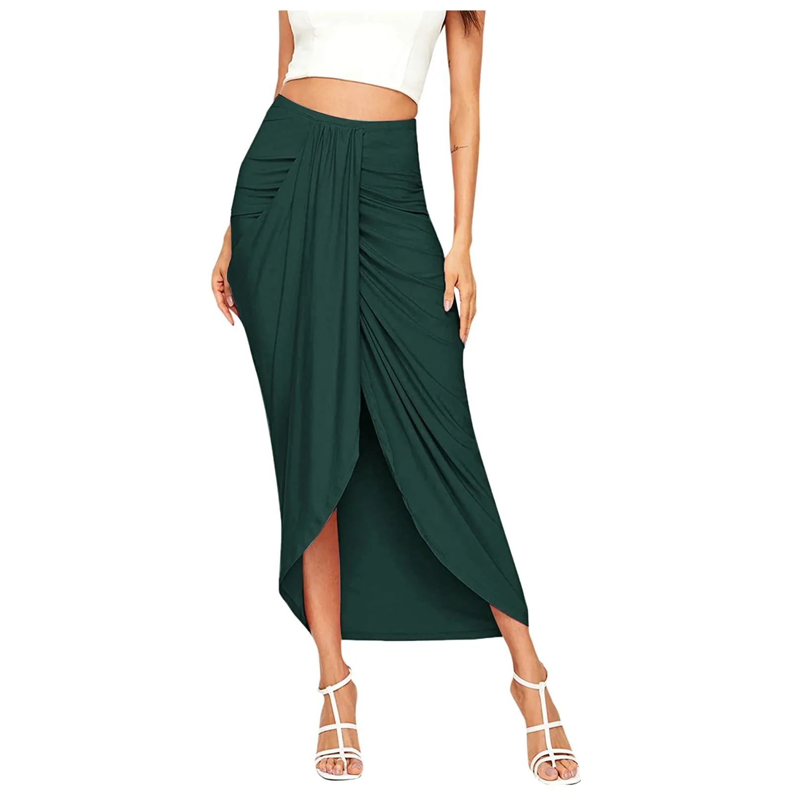 

Summer High Waist Skirts Women's Casual Slit Wrap Asymmetrical Elastic High Waist Maxi Draped Solid Skirt Elastic Mini Skirt