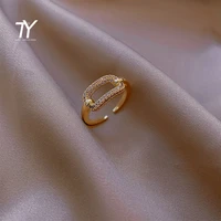 new goth hollow out square metal gold color zircon open ring for woman fashion shining jewelry student party luxury unusual ring