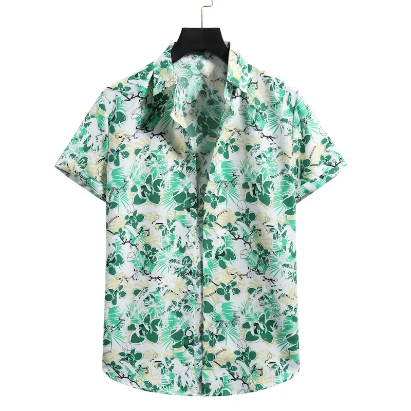 

2021 Summer Men Shirt Fashion Men's Casual Button Hawaii Print Beach Short Sleeve Loose Top Blouse Hawaiian Shirt Camisas