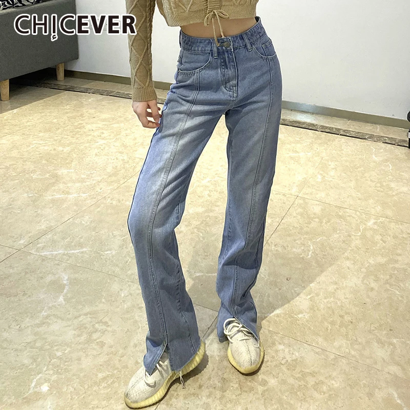 

CHICEVER Minimalist Solid Baggy Jean Female High Waist Full Length Straight Korean Fashion Women's Denim Pants 2021 Clothing New