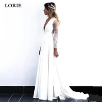 lorie beach lace wedding dresses satin sexy v neck appliques bride gowns long sleeve vestido de voiva