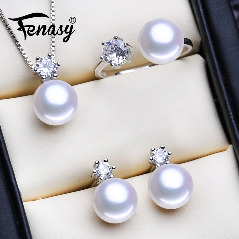 

FENASY Trendy 925 Silver Jewelry Sets Cubic Zirconia Natural Pearl Pendant Necklaces For Women Fashion Stud Earrings Pearl Ring