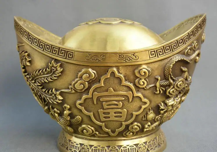 

China fengshui old Bronze dragon phoenix wealth yuanbao saving box money-box