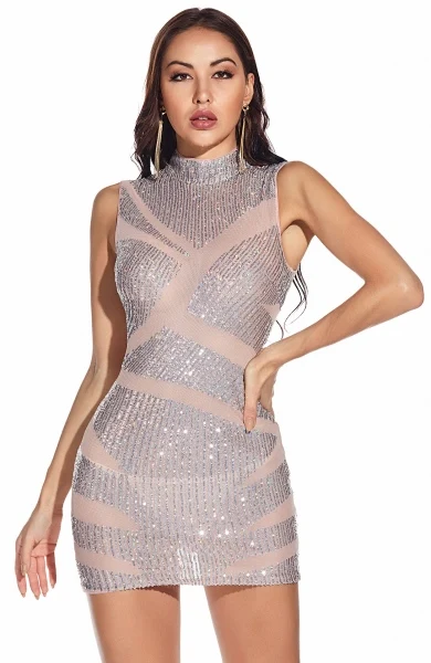 

CY Summer paillette twinkle Mini Women Sexy see-through Backless Sheath Evening Party Dresses Elegant Clubhouse Fashion enchant