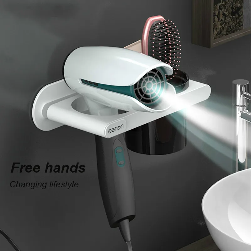 

Wall Mounted Stand Hair Dryer Drier Comb Holder Rack Stand Set Storage Organizer Punch-free Hair Dryer Shelf Bathroom Organizer