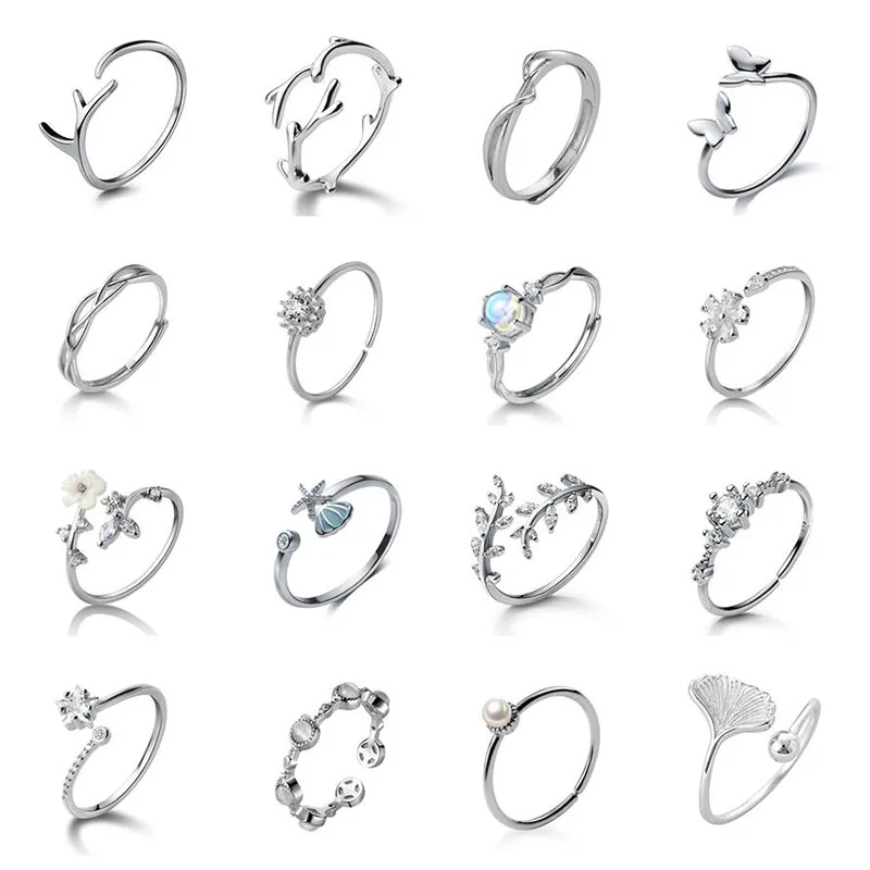 

INZATT Real 925 Sterling Silver Pearl Zircon Letter V Heart Star Adjustable 14K Gold Ring For Women Classic Fine Jewelry