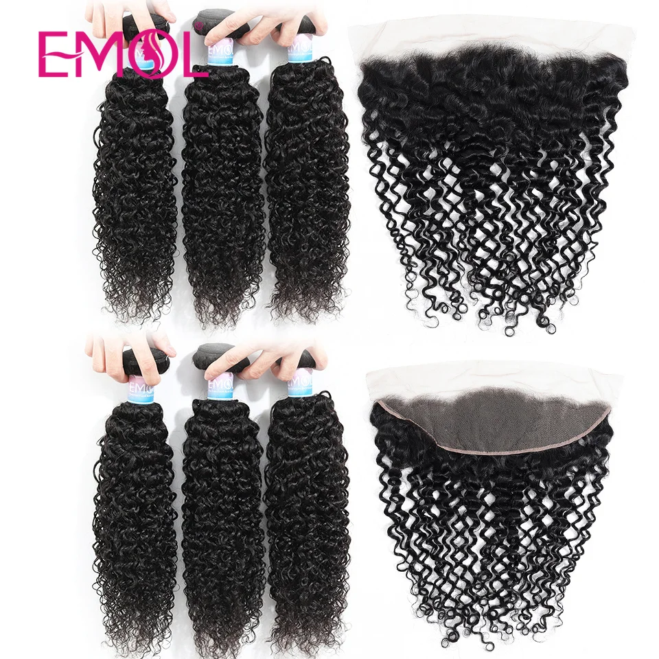EMOL Brazilian Kinky Curly Hair Bundles With Frontal Curly Human Hair Bundles With 13x4 Transparent Lace Frontal With Bundles