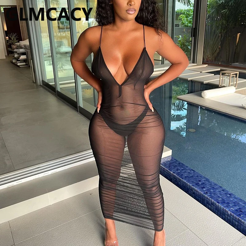 

Spaghetti Strap V Neck Mesh See Through Bodycon Dress