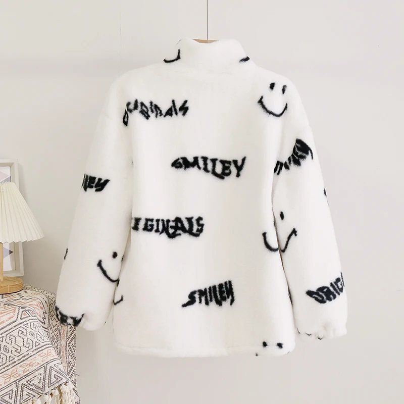 JESSIC Street Fashion Letter Fur Coats Women Winter Oversized Batwing Sleeve Faux Rabbit Fur Jacket Coat Hip Hop Streetwear