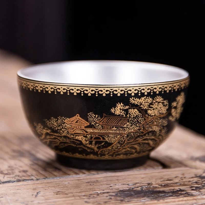 

90ml 999 Pure Silver Teacup Creative Enamel Color Kung Fu Tea Set Handmade Ceramic Master Cup Small Tea Bowl Drinkware Teaware