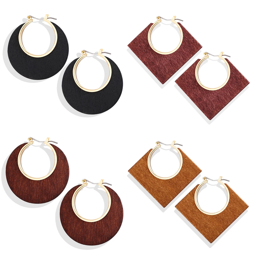

Retro Simple Geometric Circle/Square Wood Earrings For Women Europe&American Personality Exaggerated Metal Hot Ear Loop Jewelry