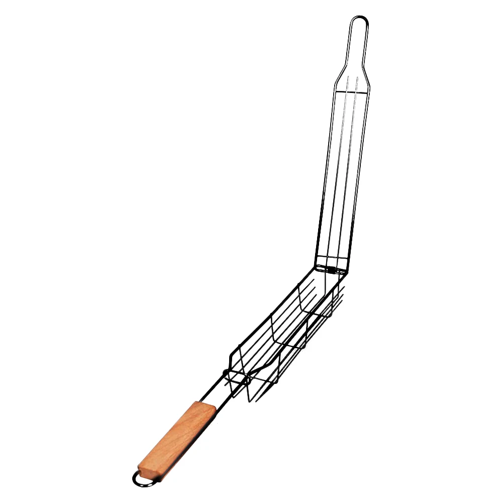 

New Barbecue Basket Rotary Cap Design Durable Convenient Grilling Basket With Long Wooden Handle Stainless Steel Grilling Tray