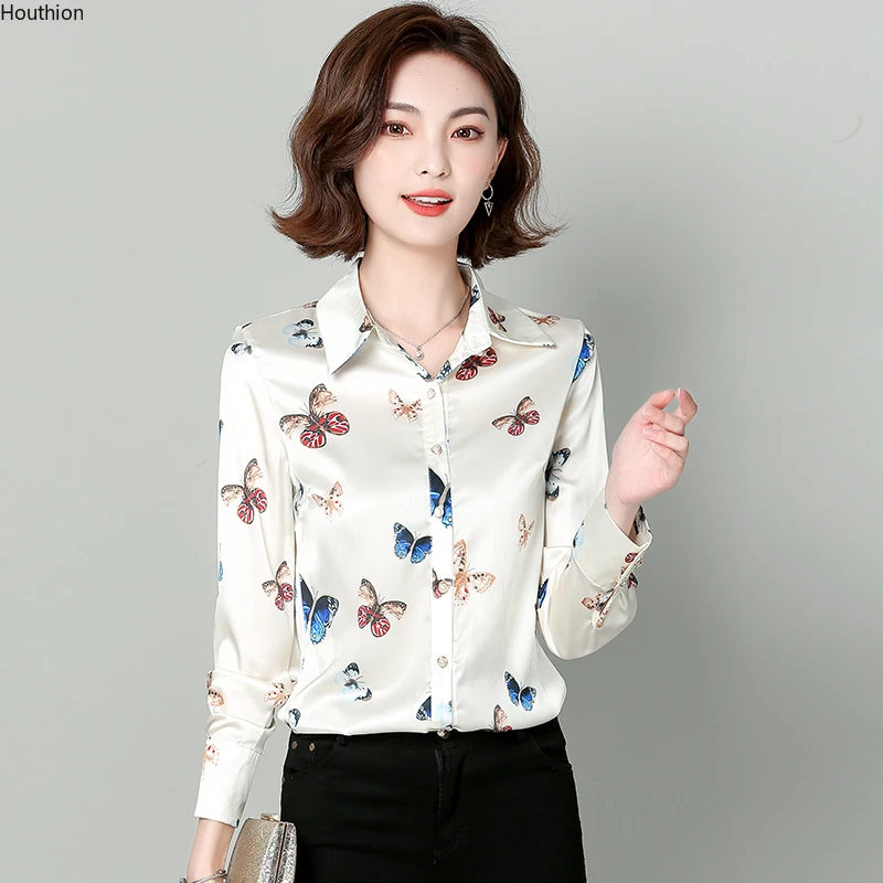 

Новинка, шелковая блузка с длинным рукавом, летние топы с принтом бабочки и лацканами, тонкая удобная модная повседневная рубашка, модель 2021...
