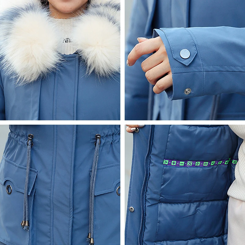 

Plus Size Women Winter Long Down Jacket Korean Style Thick Coat Women's Slim Hooded With Fur Collar Big Pockets Casual Outwear