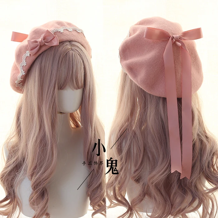 

11Colors Young Girl Painter's Hat Japanese Lolita Sweet Woolen Cap Korean Women Handmade Lace Bow Autumn Winter Warm Berets