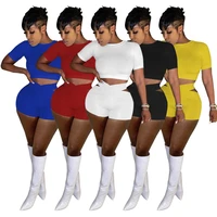 streetwear sporty 2 pieces outfits solid short sleeve t shirt workout biker shorts cut out elastic jogger yoga shorts tracksuits