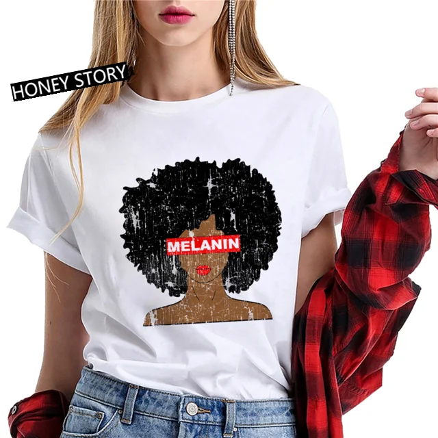 Модная черная женская футболка Melanin с принтом девушки в стиле Харадзюку женские