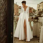 Простое свадебное платье-трапеция с разрезом, длинными рукавами, Белое Прозрачное платье в пол с V-образным вырезом, свадебные платья с глубоким вырезом на спине, с поясом, на заказ