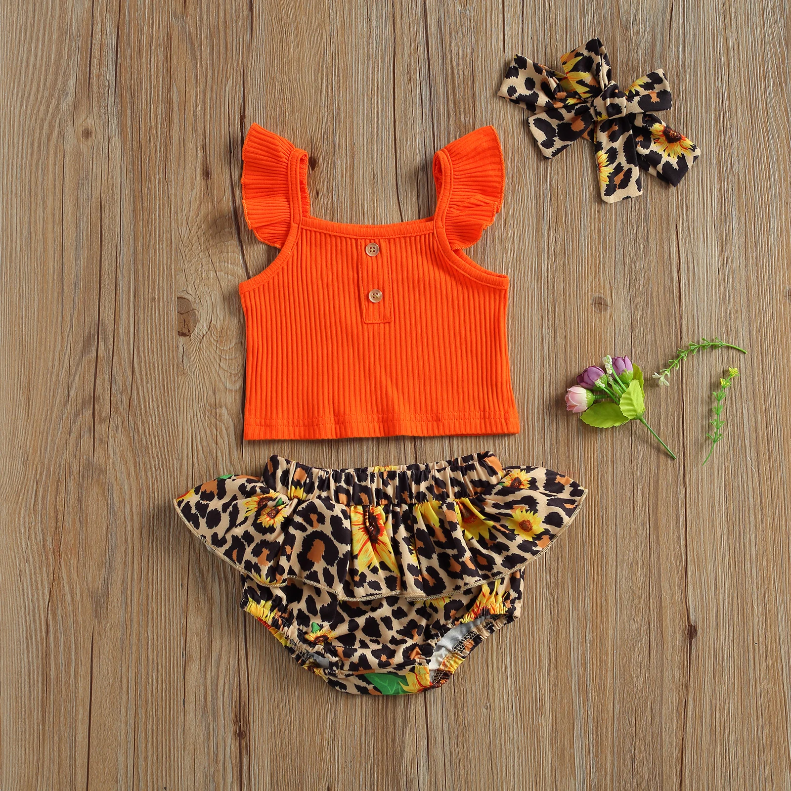 

Комплект одежды для новорожденных девочек, летние топы с оборками без рукавов + леопардовые шорты + повязка на голову, комплект из 3 предмето...