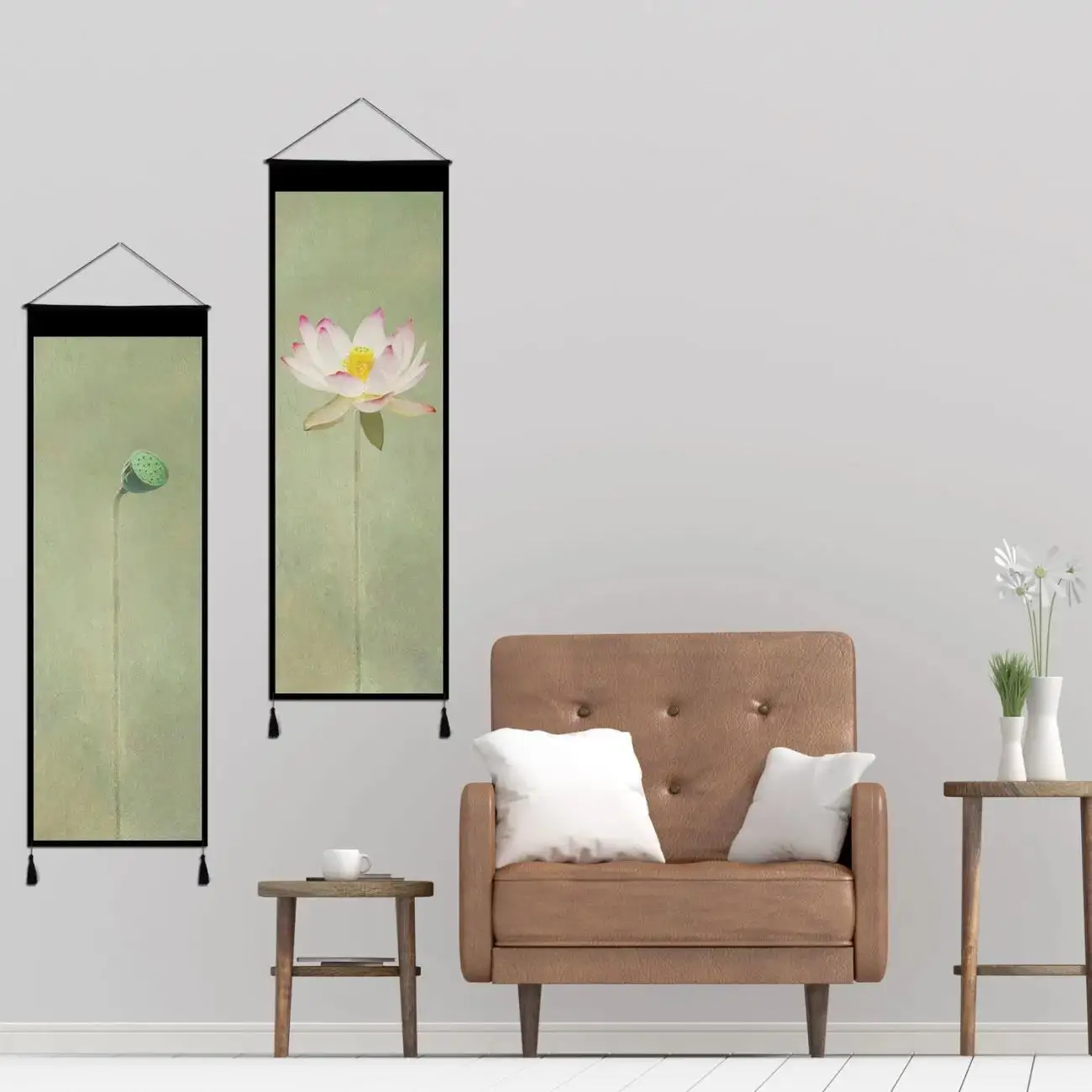 

Chinese Style Flower Wood Scroll Paintings Canvas Painting Home Decoration for Living Room Lotus Wall Art Picture Poster Decor
