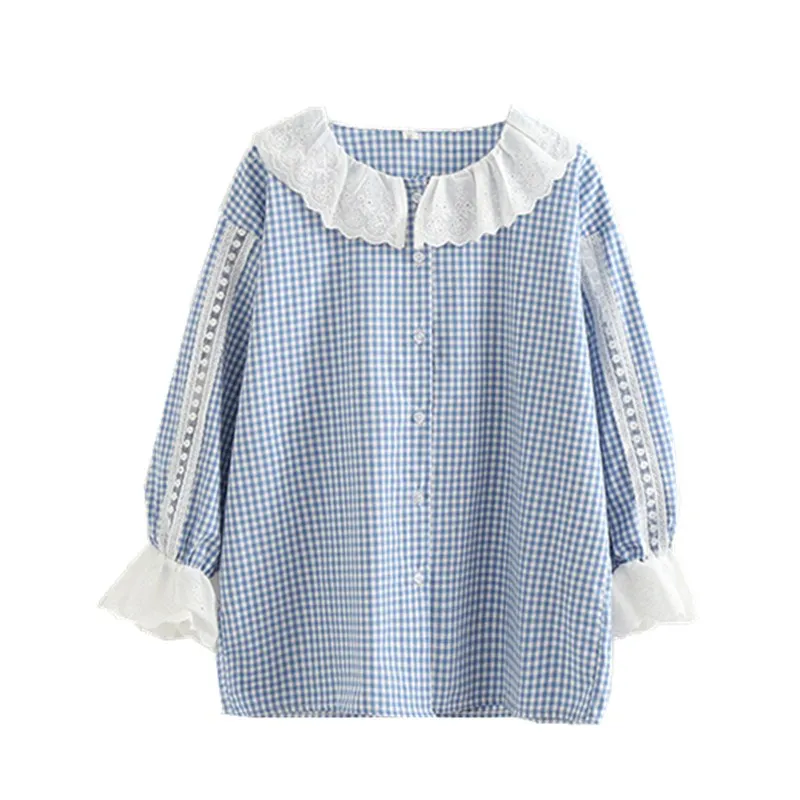 

Women Paid Shirt Blouse Japanese Style Lace Patchwork Peter Pan Collar Kawaii Shirt College style Mori Girl Loose Blouse Tops