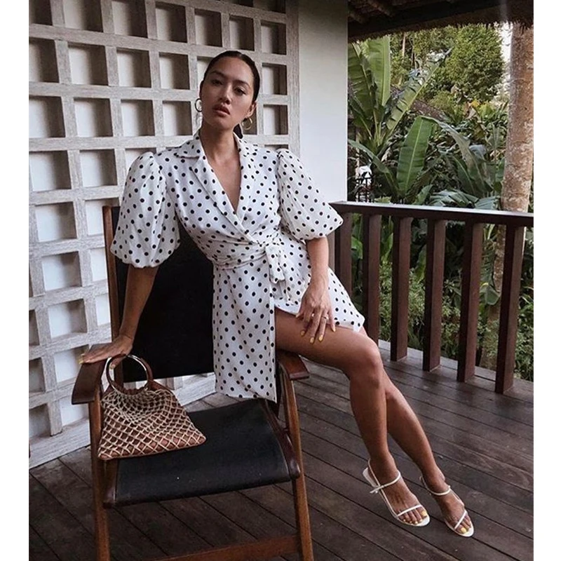 AEL Puff Sleeve Polka Dot Print Chiffon Dress Elegant Lace Up V Neck Women's Clothing With Belt Party Dress Summer