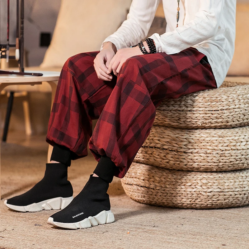 Уличная красные штаны в клетку Для мужчин джоггеры 2021 осень s прямые шаровары