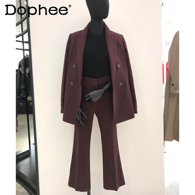 

Korean Formal Suit Women 2021 Spring Autumn New Ladies Office Blazer Jacket Top Cropped Wide-Leg Pants Fashion Two-Piece Sets