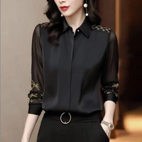women spring autumn style chiffon blouses shirts lady embroidery long sleeve turn down collar lace decor blusas tops