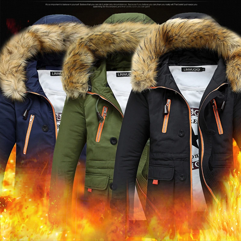 

KOLMAKOV Winter Men's Hooded Thick Warm Cotton Outwear Long Coats Fur Collar Windbreaker Male 3 Color M-3XL