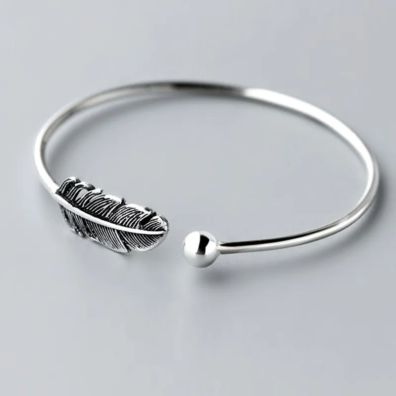 Модные красивые 925 стерлингового серебра перо манжеты браслеты и для женщин