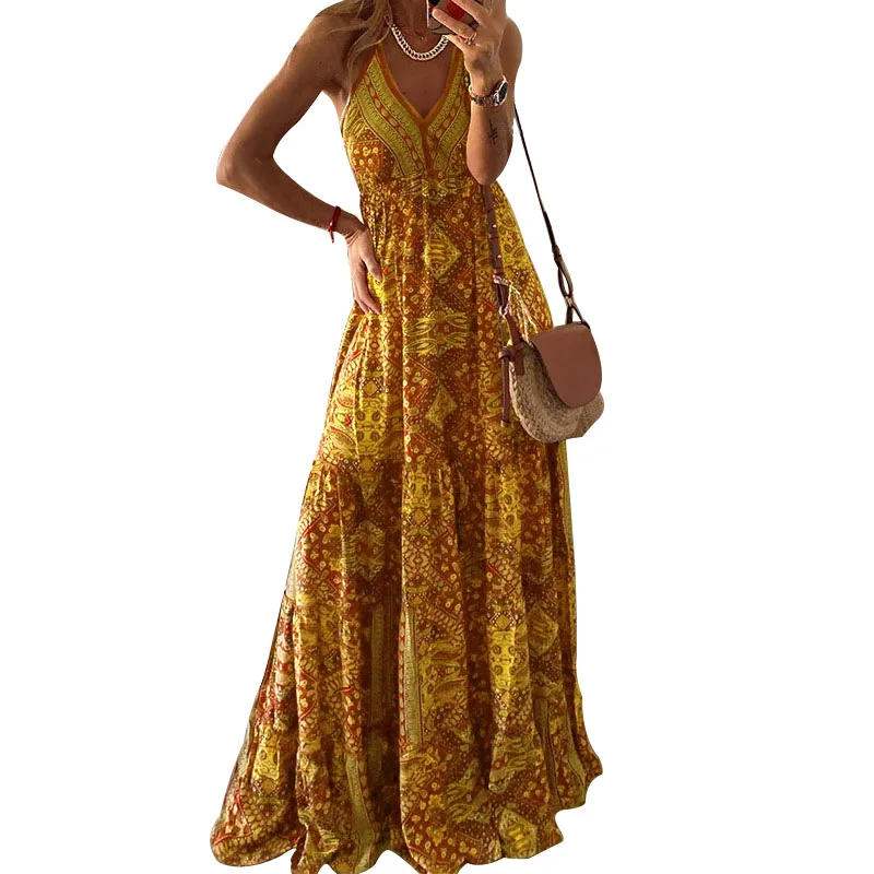 

Long Dress Women Clothes Spring Summer Sleeveless Deep V-neck A-line Dresses Fashion Vintage Strappy Dress Vestido Fiesta Mujer