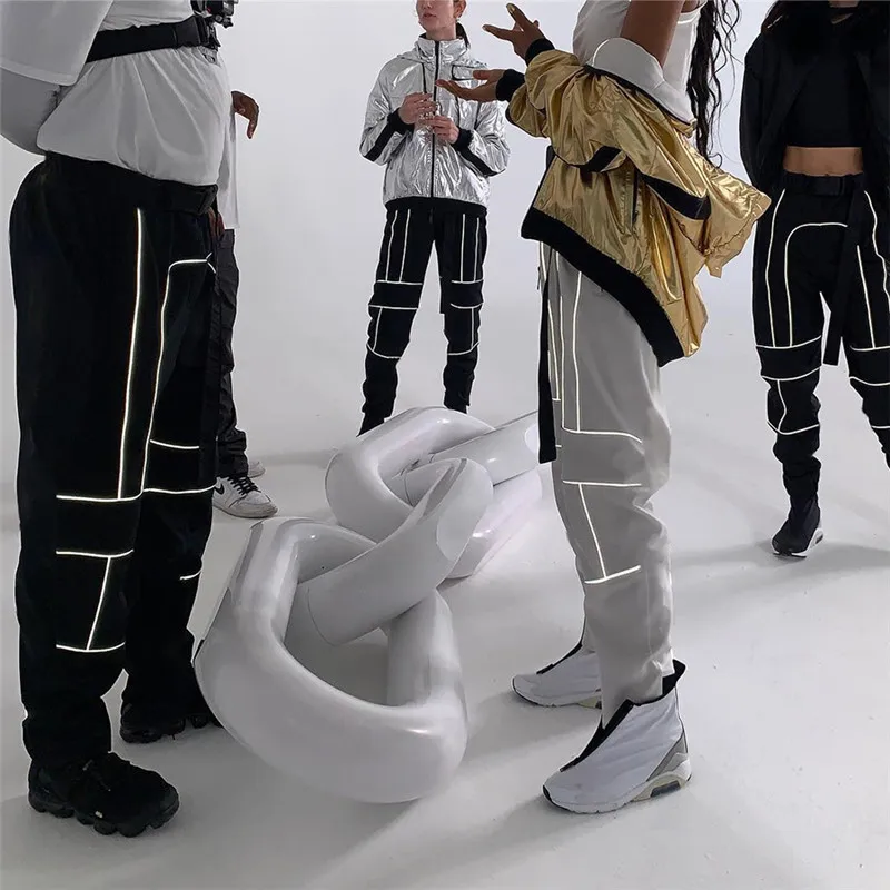 

2019 Spring Autumn New Fashion Street Loose Trousers Women Ins Reflective Stitching High Waist Casual Pants Overalls Women