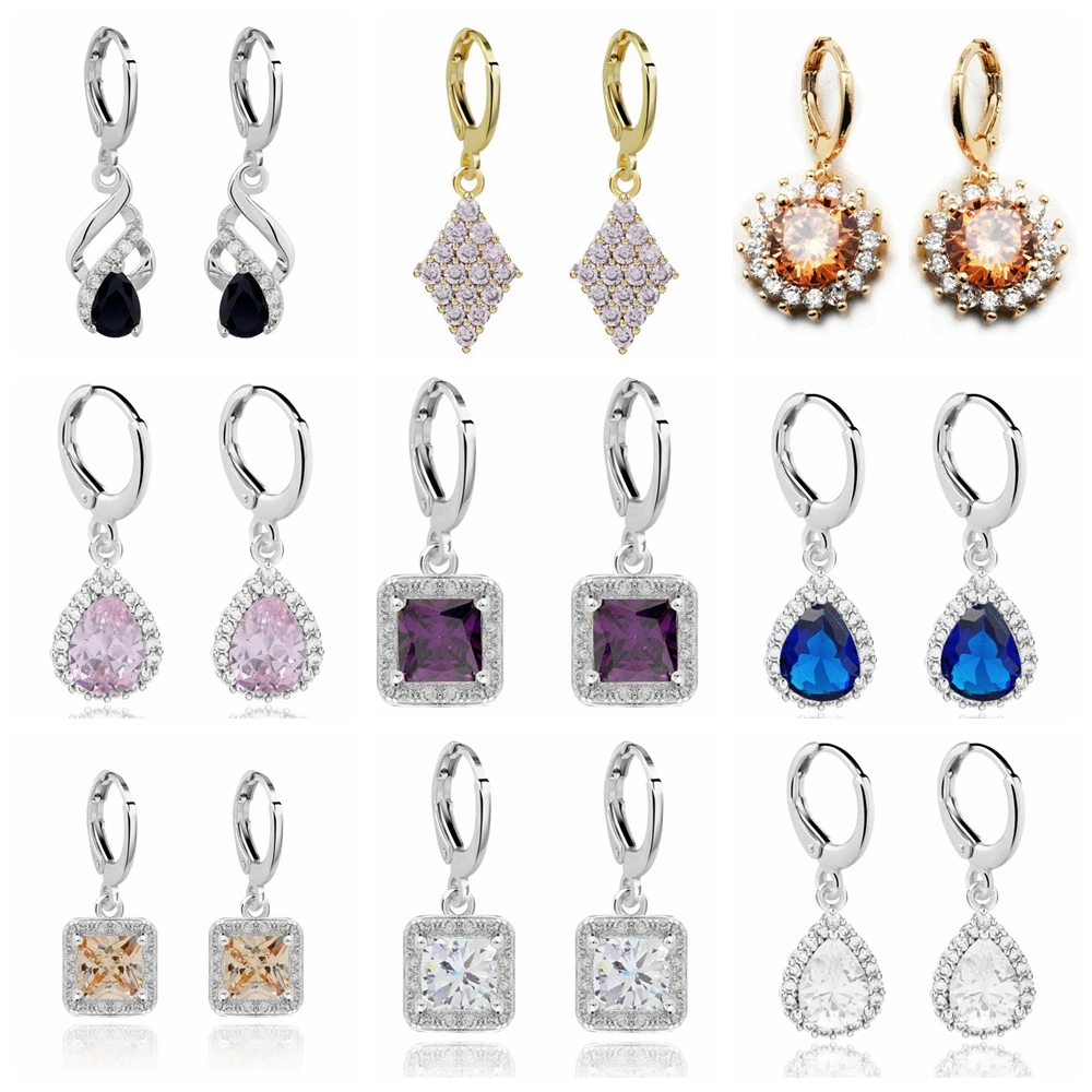 

ESSFF 10 Different Styles Delicate Rhinestone CZ Small Dangle Drop Earrings for Women Square Water Drop Pendants Fashion Jewelry