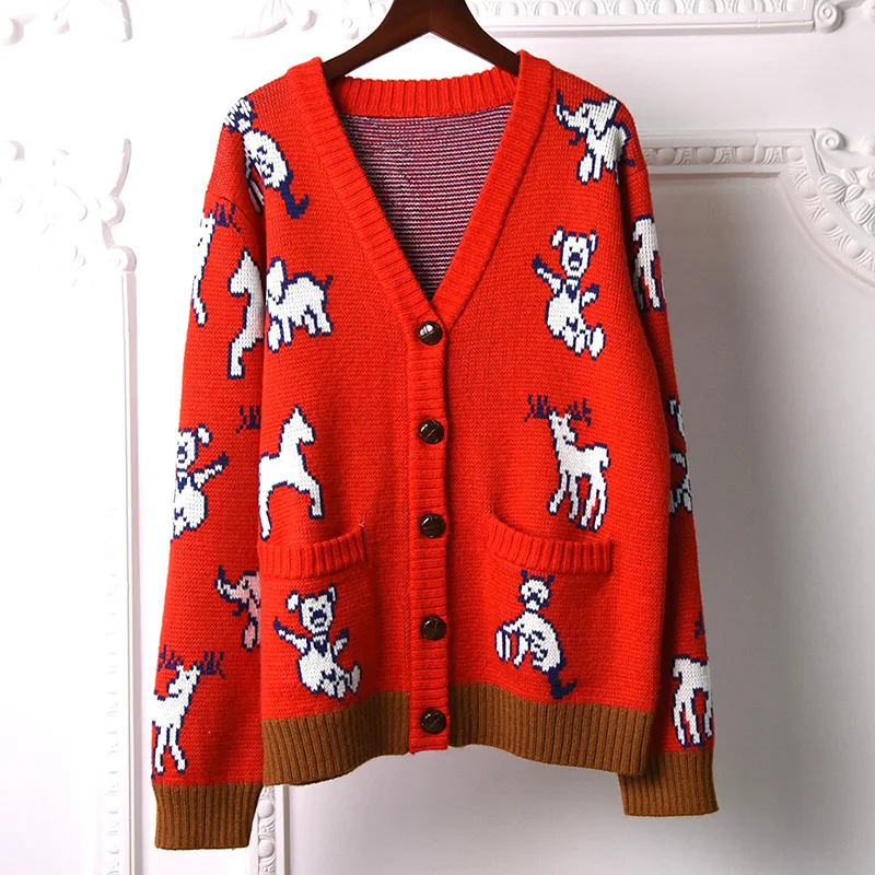 

Autumn Women's V-neck Cardigans Hot fashion animal partten loose knitted coat C649