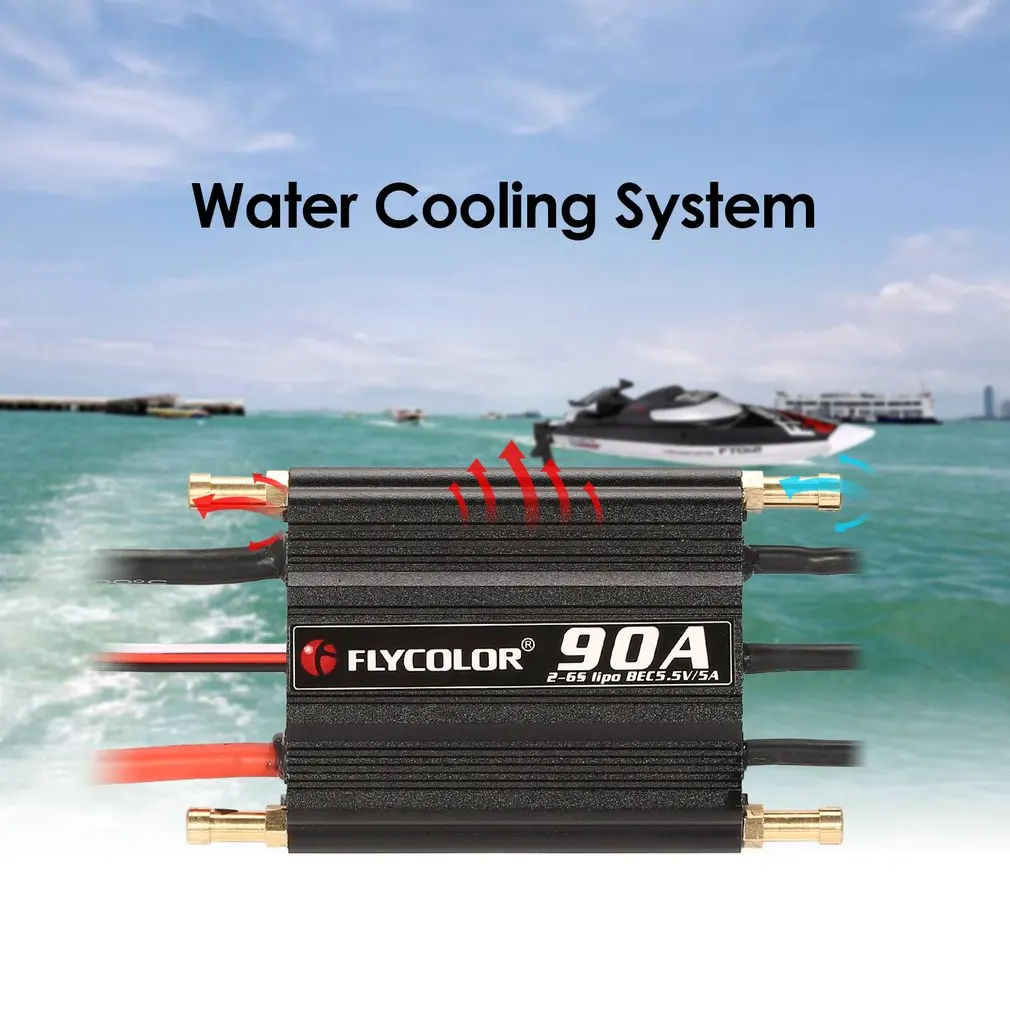 Controlador de velocidad Original FLYCOLOR 2-6S 90A, controlador de velocidad ESC sin escobillas, impermeable, para barco teledirigido con BEC 5,5 V/5A, sistema de refrigeraci&oacute;n por agua-2