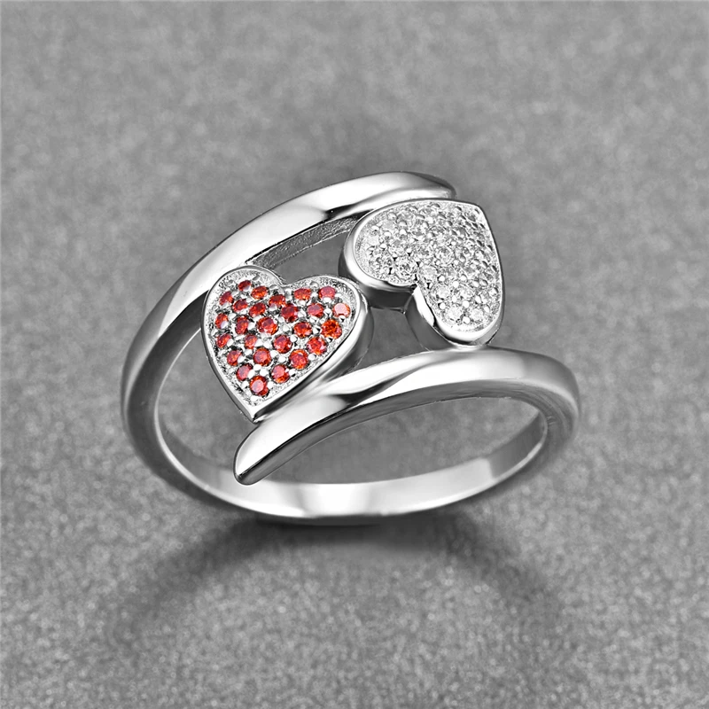 JQUEEN Double Heart Wedding Rings for Women Silver Ring 925 Jewelry Pave Setting CZ Garnet Stone Crystal bijoux femme | Украшения и