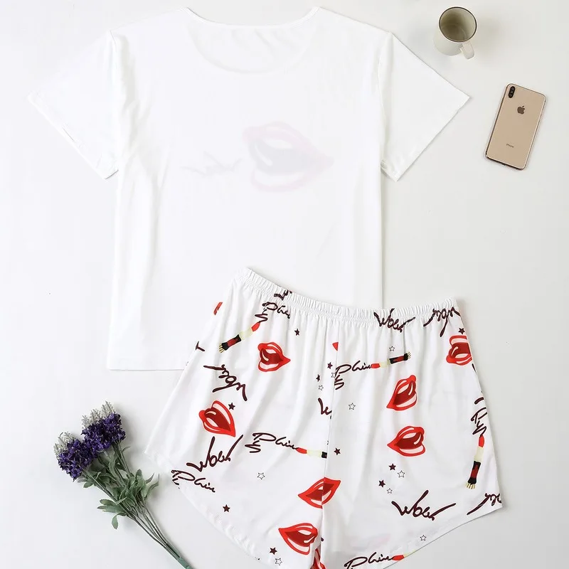 4XL Plus Size Summer Women Pajama Sets Nice Short Sleeve Lips Printing Pajamas Pink Soft Pyjamas Sleepwear Shorts Homewear