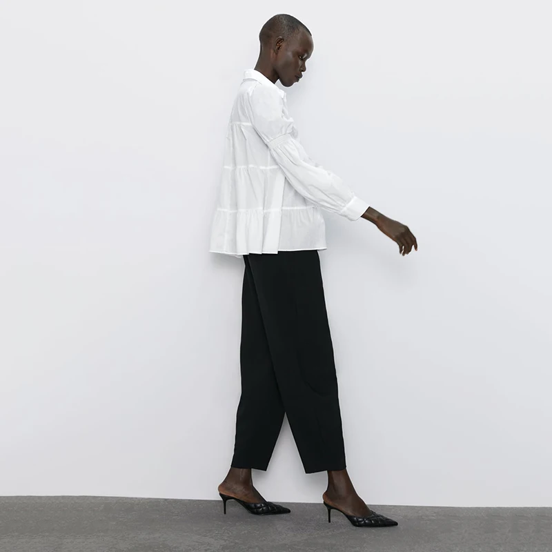 Женская однобортная рубашка ZA белая однотонная со складками и отложным