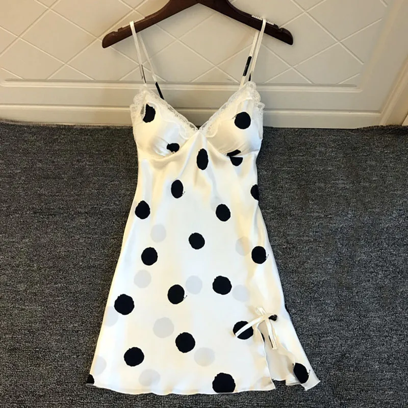 Женская ночная рубашка в горошек шелковое кружевное ночное белье лето 2019