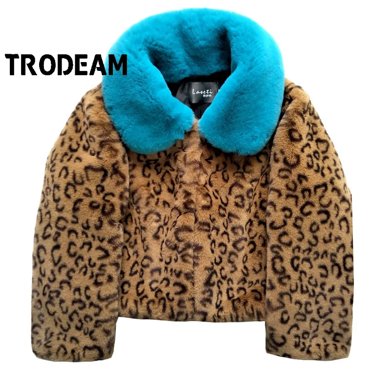 

Женская короткая куртка из искусственного меха TRODEAM, теплая меховая куртка с леопардовым принтом из меха кролика Рекс в Корейском стиле, мил...