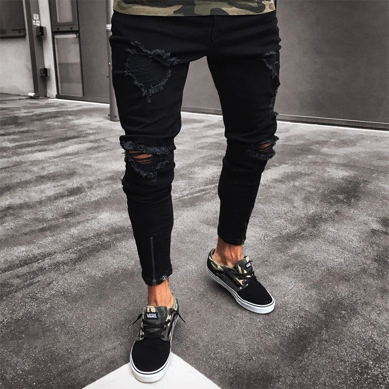 

Hip Hop Men Black Stretch Jeans Fashion Knee Ripped Distressed Hole biker Jeans 2020 Men Slims Little feet The pencil Pant