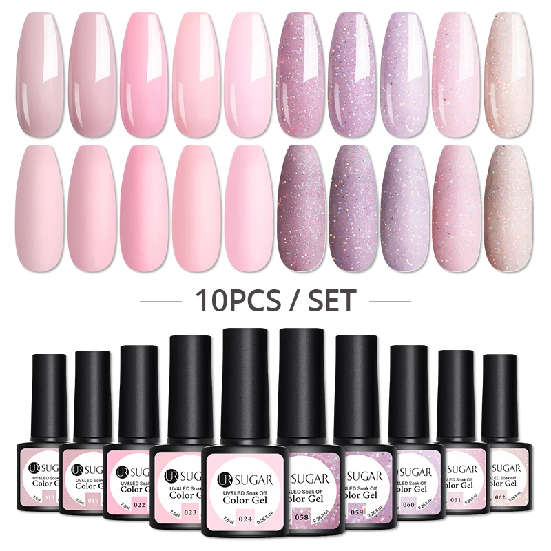 

UR SUGAR 10pcs/set Gel Nail Polish Set Glitter Color Gel UV LED Manicures Semi Permanent Gel Lacquers Base Top Coat Nail Art